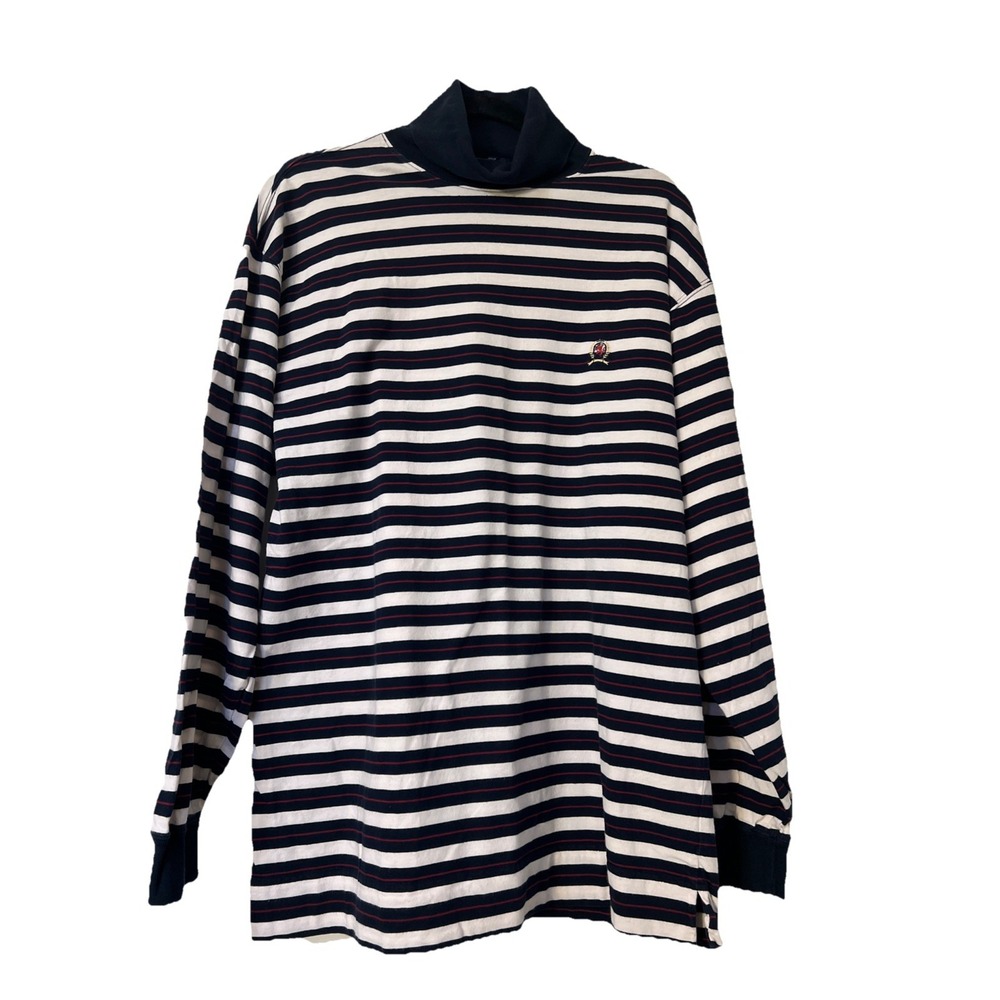 Tommy Hilfiger Men's Turtleneck T Shirt Long Sleeve Crest VTG Blue‎ StripeSize M